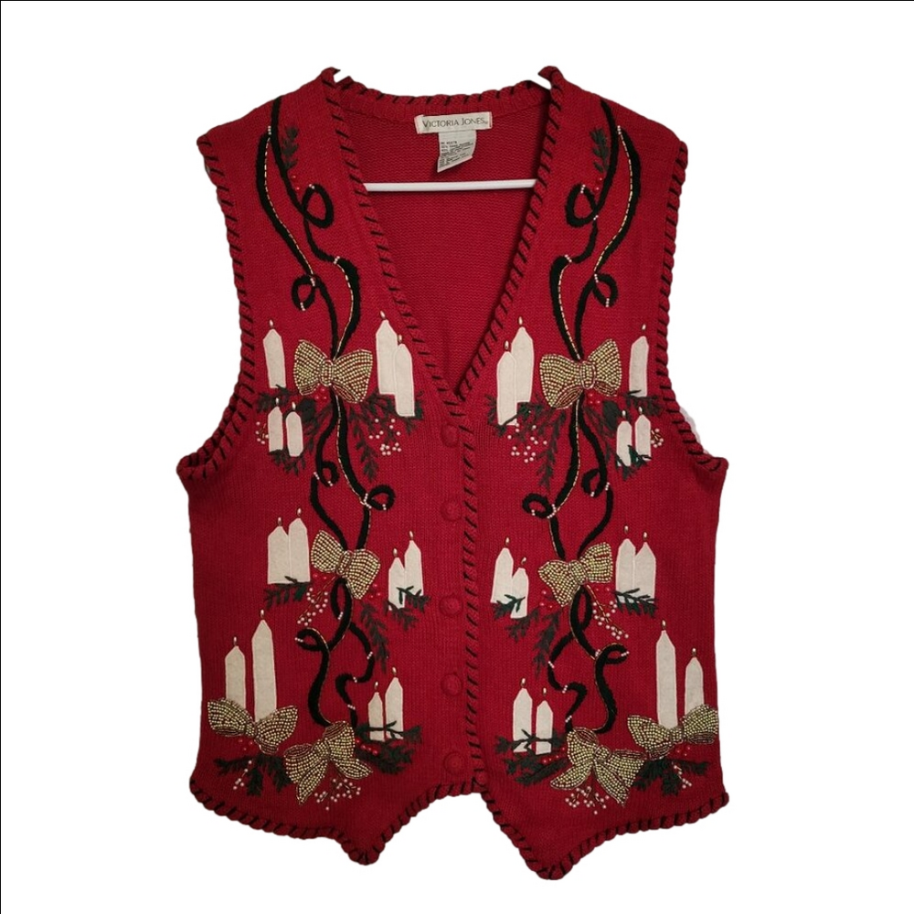 VINTAGE Red Candles Bows Embroidered Sequin Ugly Christmas Sweater Vest Size M